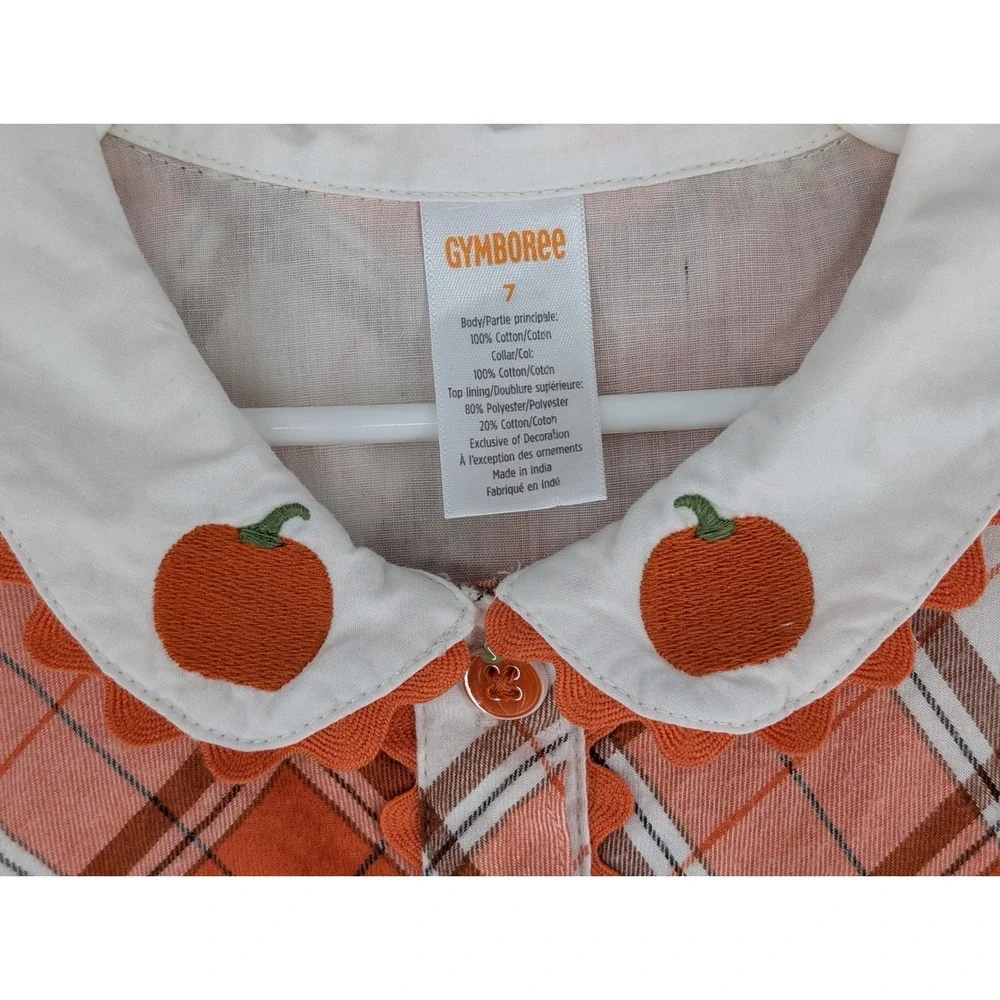 Gymboree Orange Plaid Flannel Dress Pumpkin Embroidery Peter Pan Collar Size 7‎